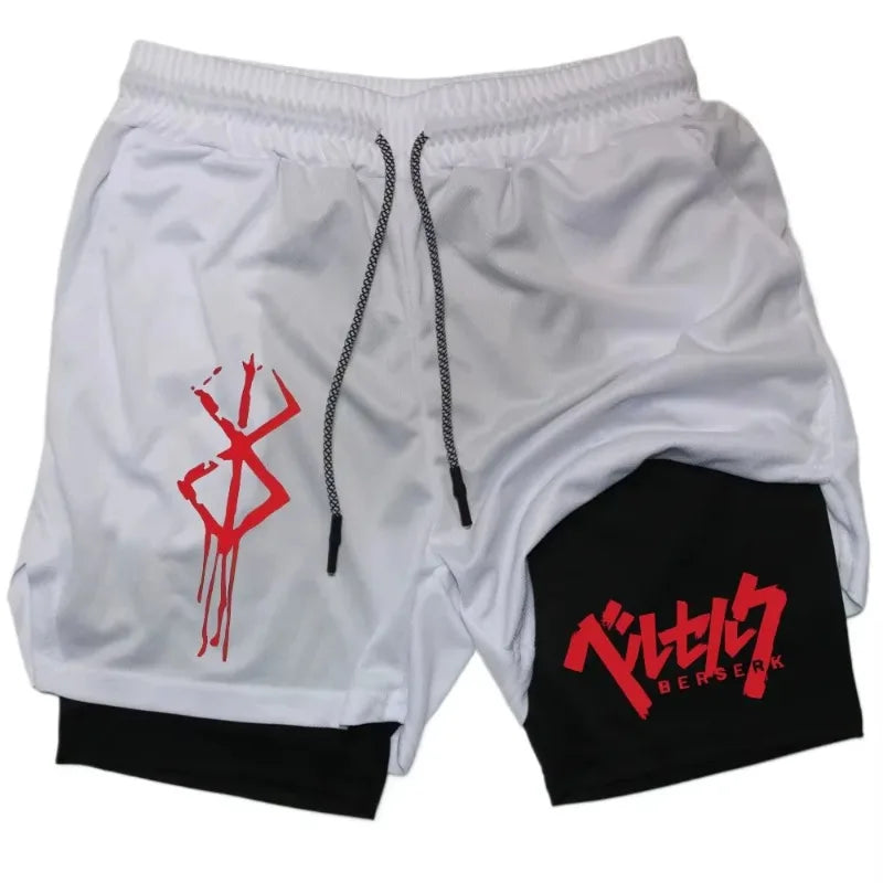 Anime Berserk Men’s 2-in-1 Performance Shorts – Compression Gym Workout Shorts with Pockets