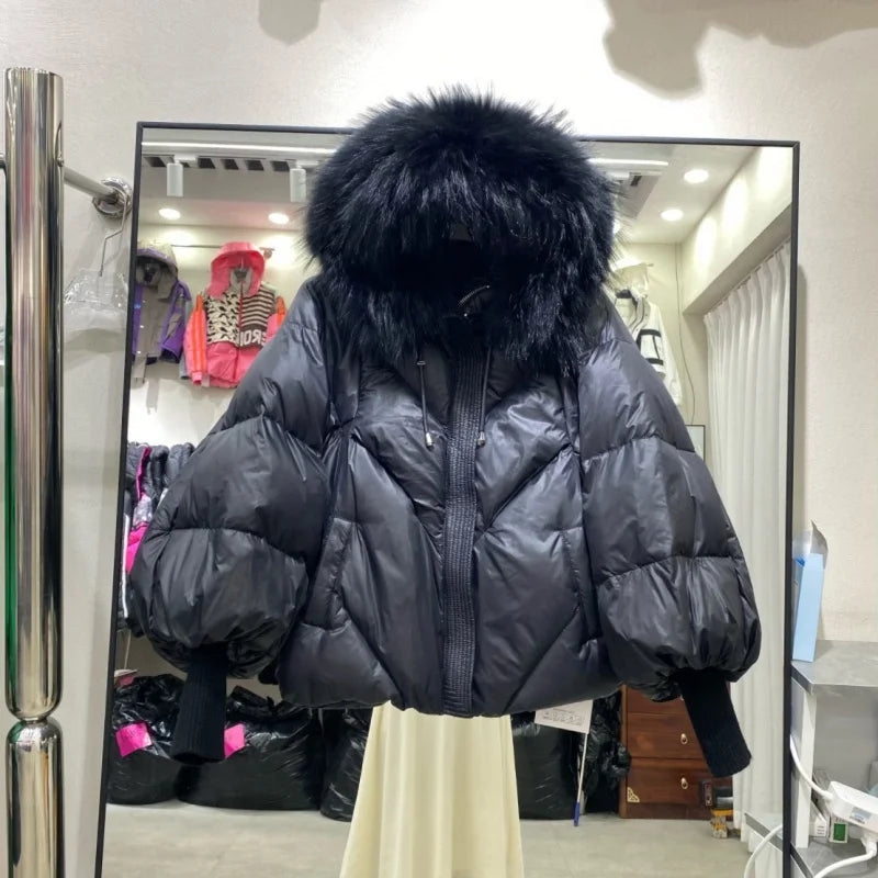 Women’s Winter Goose Down Jacket – Thick Warm Coat with Knitted Sleeves, Mink Fur Collar & Hood
