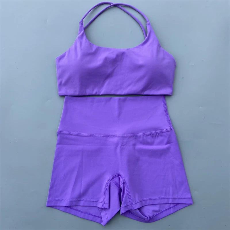 Women's Yoga Shorts Set with Cross-Strap Bra and High-Waist Shorts