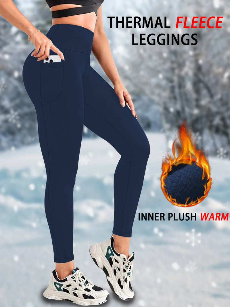 Women’s Thermal Fleece Lined Leggings – High Waisted Winter Workout Tights with Pockets