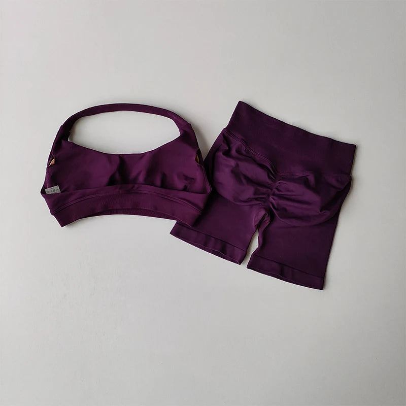 Sexy Halter Neck Sports Bra & High Waist Shorts Set – Women's Pilates Yoga Fitness Outfit