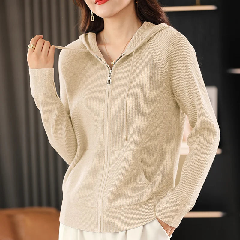 Women’s Zip-Up Knit Cardigan – Thick Warm Sweater with Turn-Down Collar