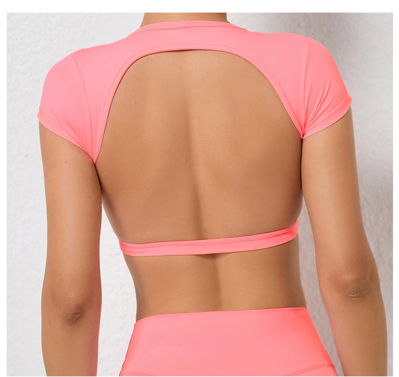Women's Backless Muscle Back Sports Tee – Open Back Workout Yoga Training T-Shirt