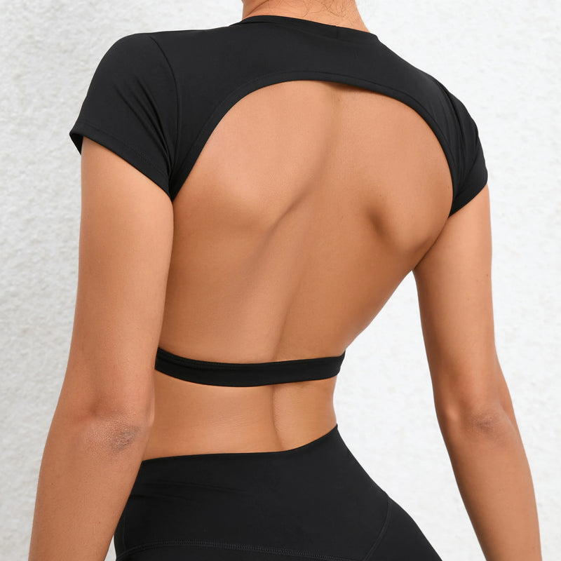 Women's Backless Muscle Back Sports Tee – Open Back Workout Yoga Training T-Shirt