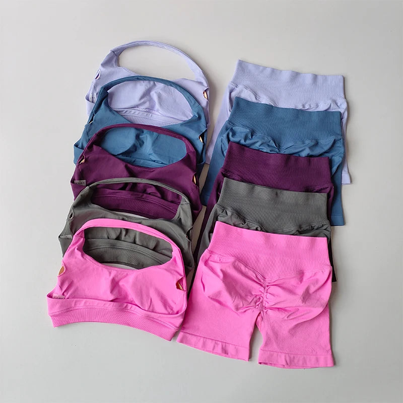 Sexy Halter Neck Sports Bra & High Waist Shorts Set – Women's Pilates Yoga Fitness Outfit