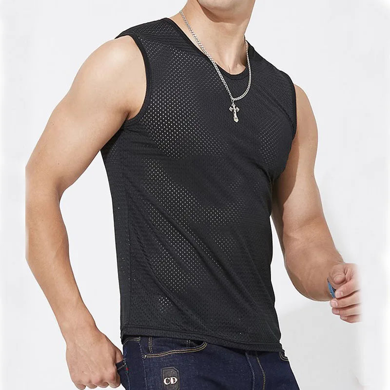 Men's Ice Silk Mesh Gym Stringer Tank Top – Transparent Bodybuilding Fitness Vest