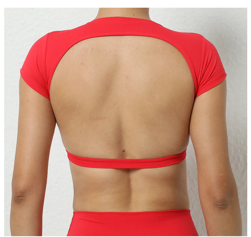 Women's Backless Muscle Back Sports Tee – Open Back Workout Yoga Training T-Shirt