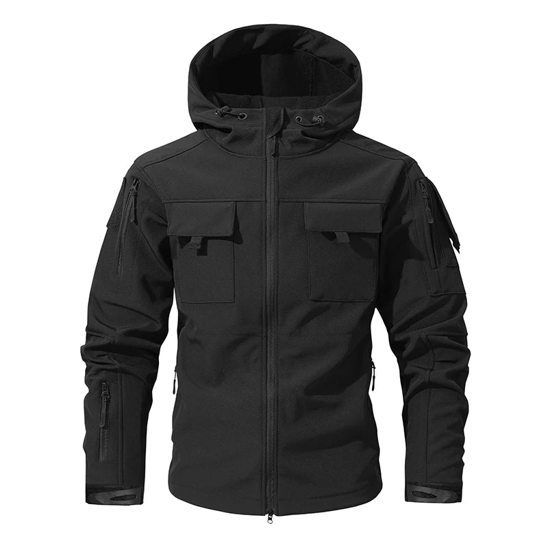 Men’s Camouflage Softshell Tactical Jacket – Hooded Waterproof Fleece Outdoor Coat