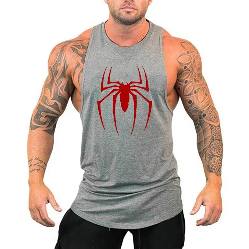 Men’s Red Spider Print Gym Tank Top – Breathable Sleeveless Bodybuilding Shirt
