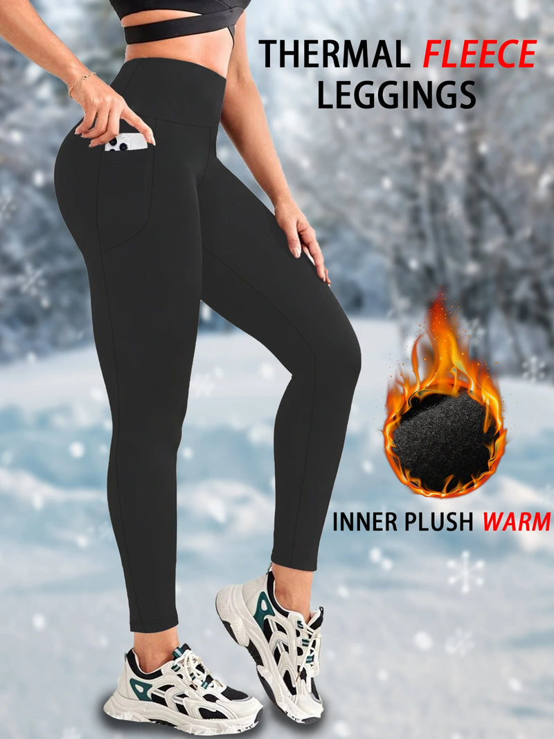 Women’s Thermal Fleece Lined Leggings – High Waisted Winter Workout Tights with Pockets