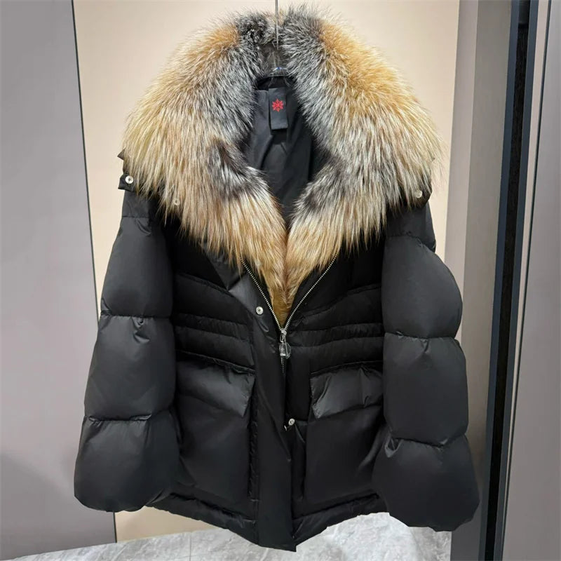 Women’s Winter Down Jacket – Thick Warm Goose Down Coat with Detachable Fur Collar Hood