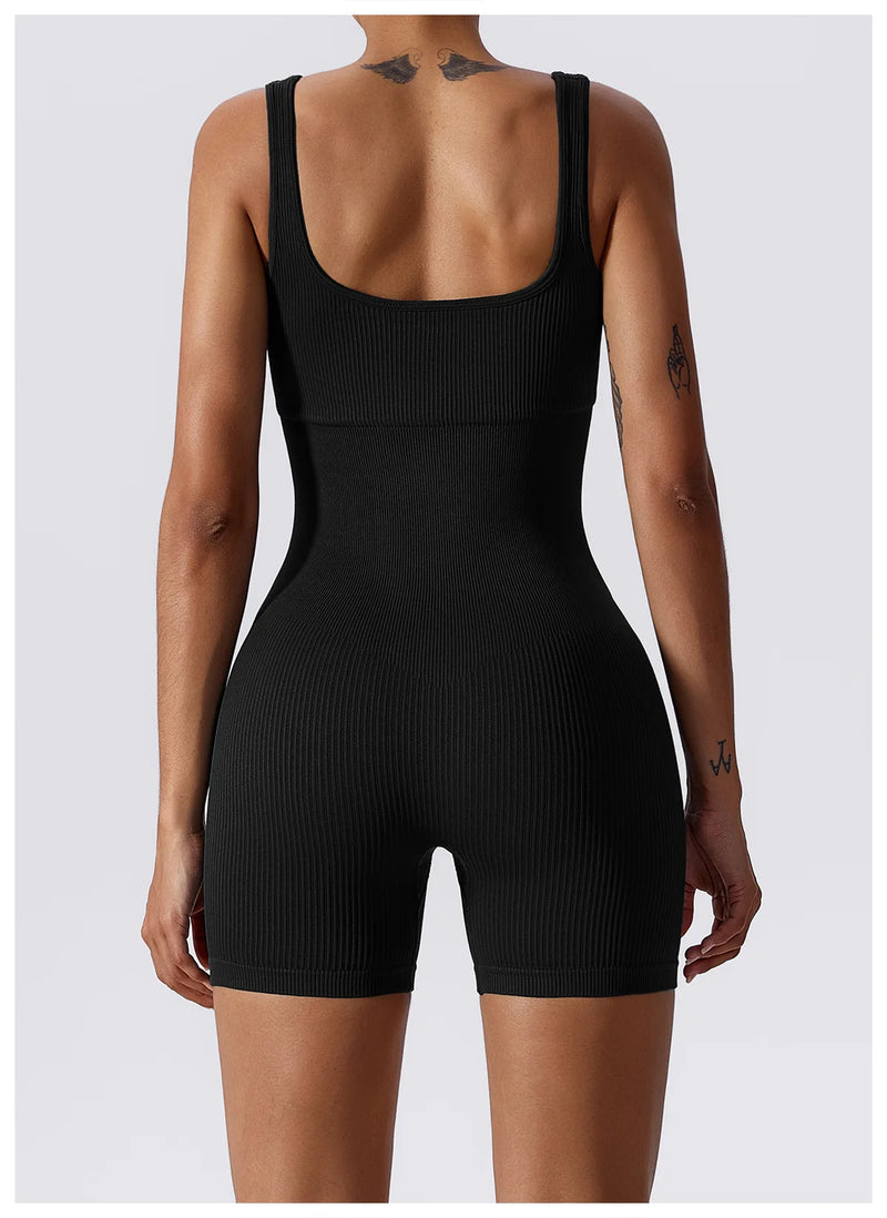 Seamless Square Neck Threaded Shorts Jumpsuit – Women’s Fitness & Yoga Bodysuit