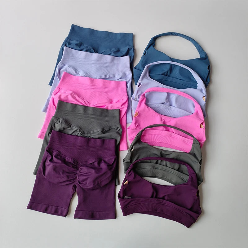 Sexy Halter Neck Sports Bra & High Waist Shorts Set – Women's Pilates Yoga Fitness Outfit