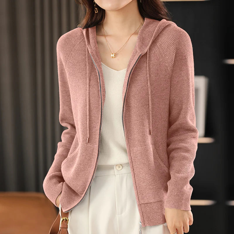 Women’s Zip-Up Knit Cardigan – Thick Warm Sweater with Turn-Down Collar