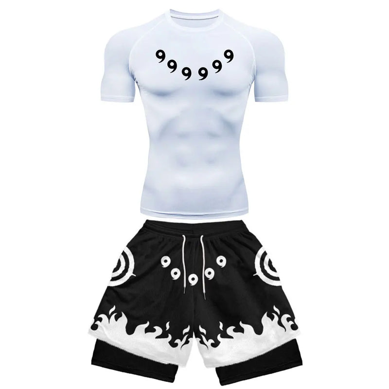 Men's Anime Quick-Dry Fitness Compression Shirt & Gym Shorts
