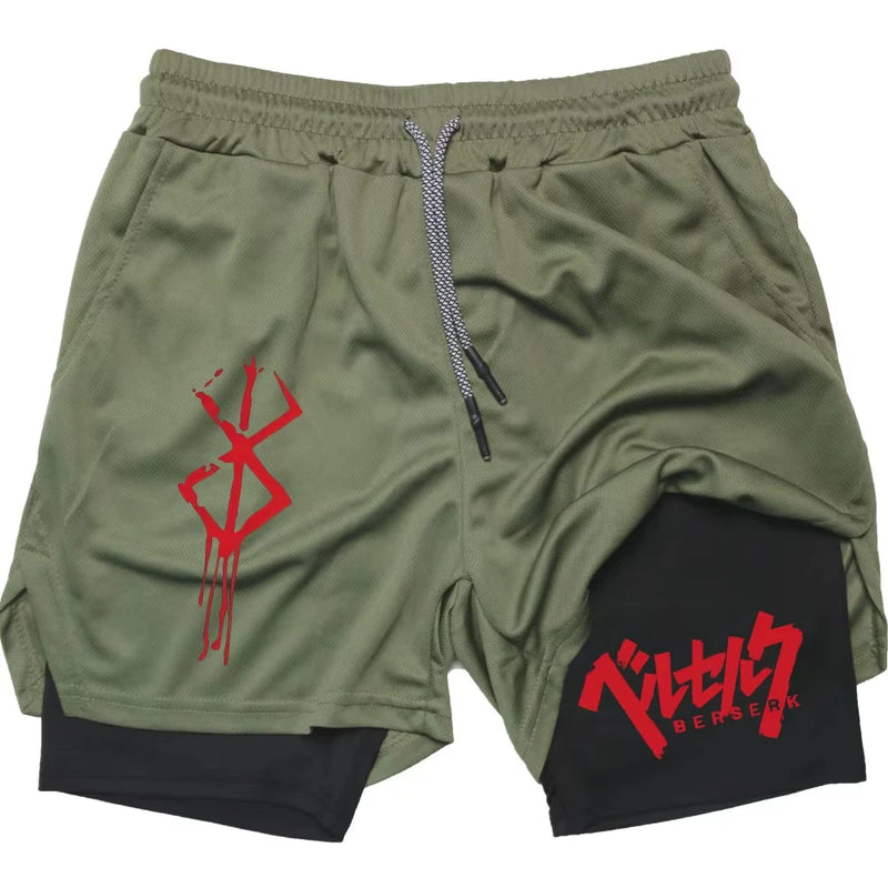 Anime Berserk Men’s 2-in-1 Performance Shorts – Compression Gym Workout Shorts with Pockets