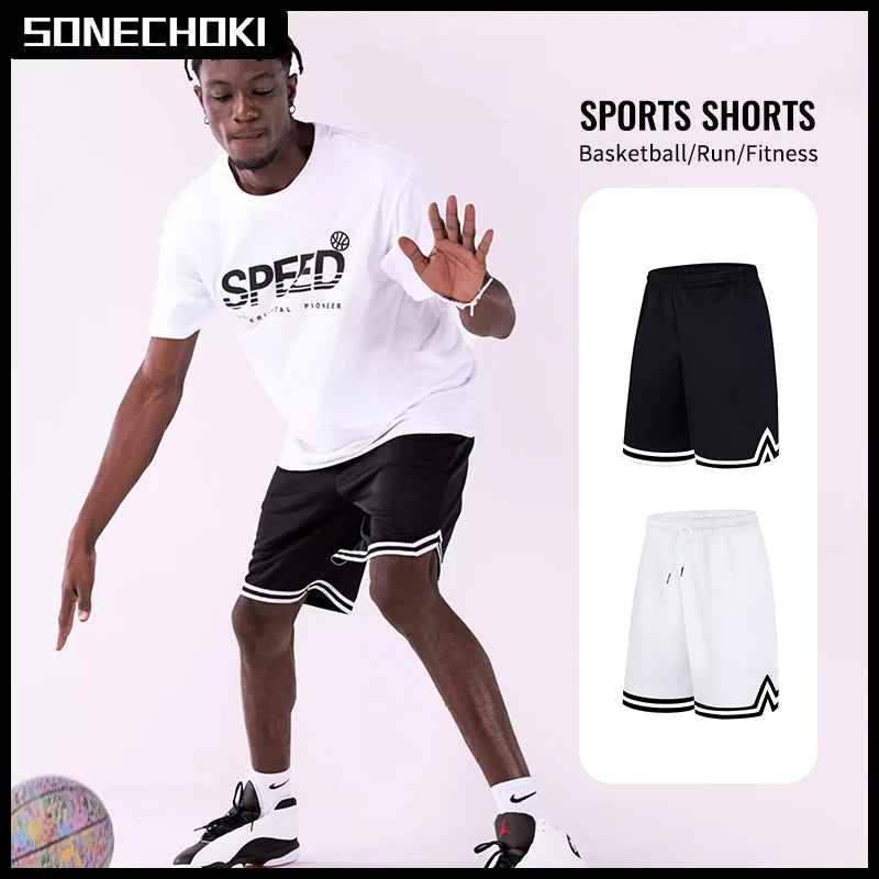 Men’s Knee-Length Basketball Shorts – Striped Mesh Athletic Training Shorts