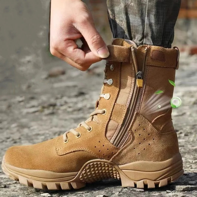 Men's Cowhide Leather Hiking Boots – Waterproof Outdoor Shoes with Side Zipper & Lace-Up Design