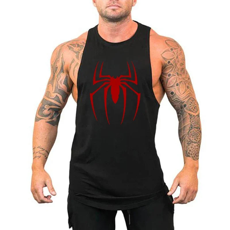 Men’s Red Spider Print Gym Tank Top – Breathable Sleeveless Bodybuilding Shirt
