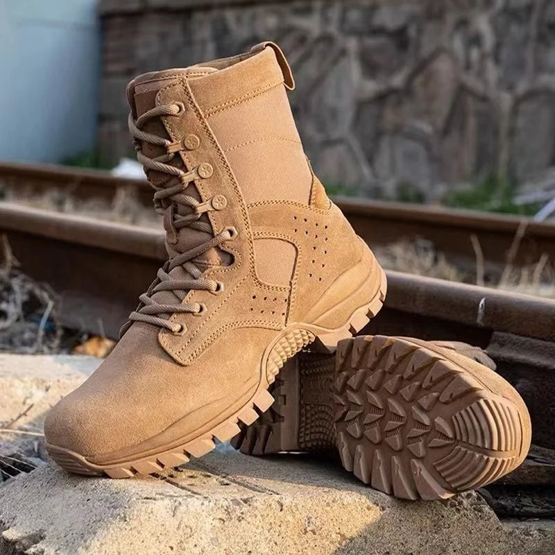 Men's Cowhide Leather Hiking Boots – Waterproof Outdoor Shoes with Side Zipper & Lace-Up Design